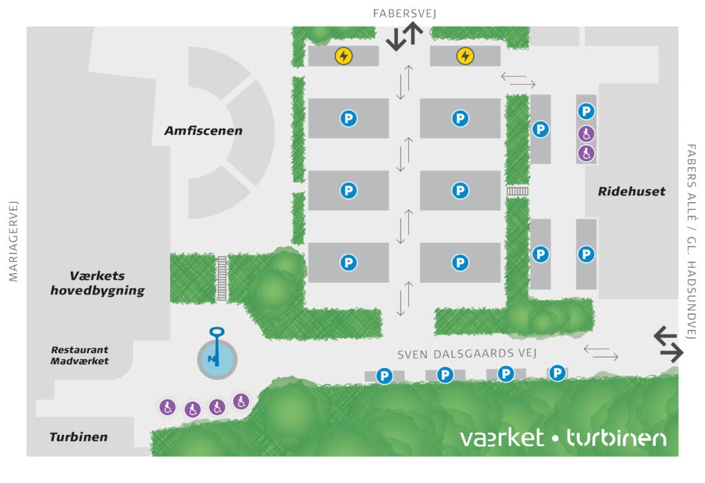 Et oversigtskort over parkeringspladsen ved Værket, der indikerer antal handicap-p-båse, elladestandere samt indkørsel